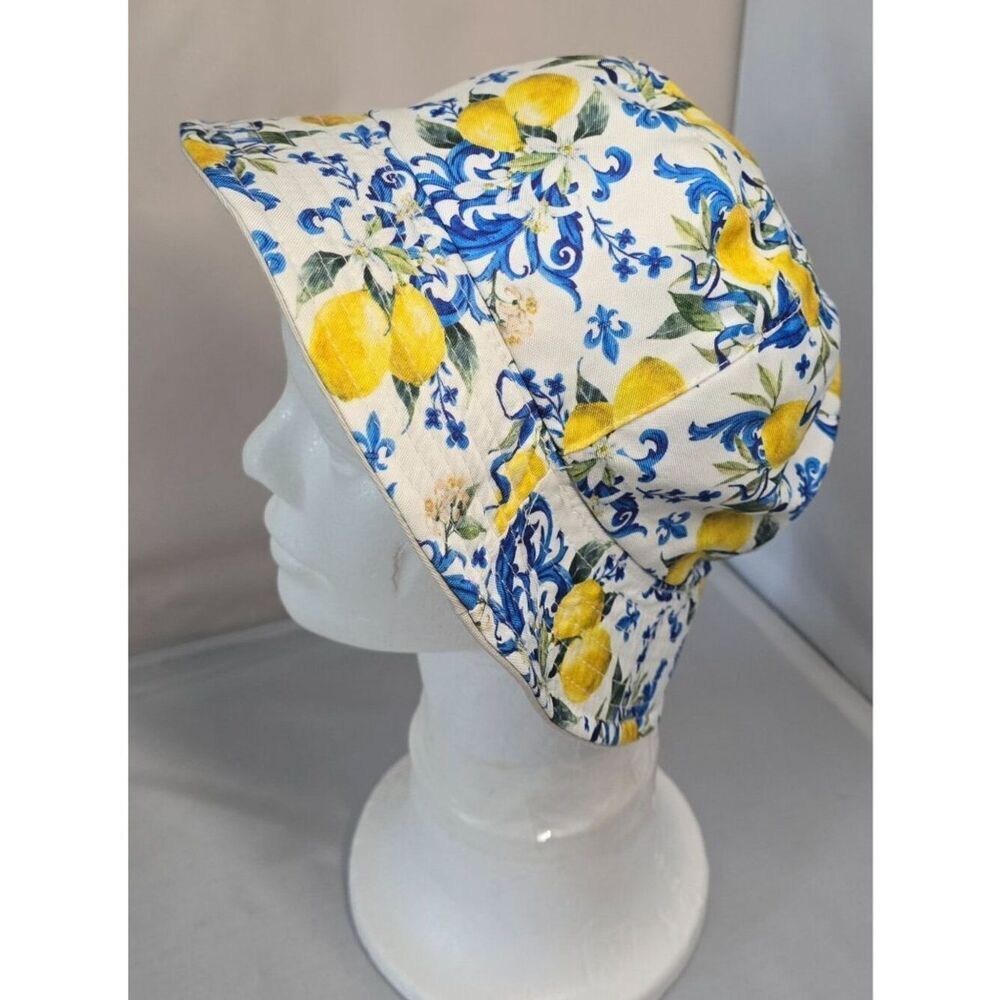 Lemon & Blue Floral Bucket Hat Reversible Summer Sun Hat beach nautical outdoors